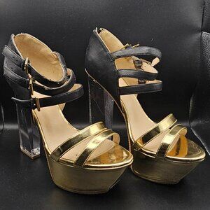 Qupid Black & Gold Platform Stiletto Heels with Acrylic Heel – Size 8